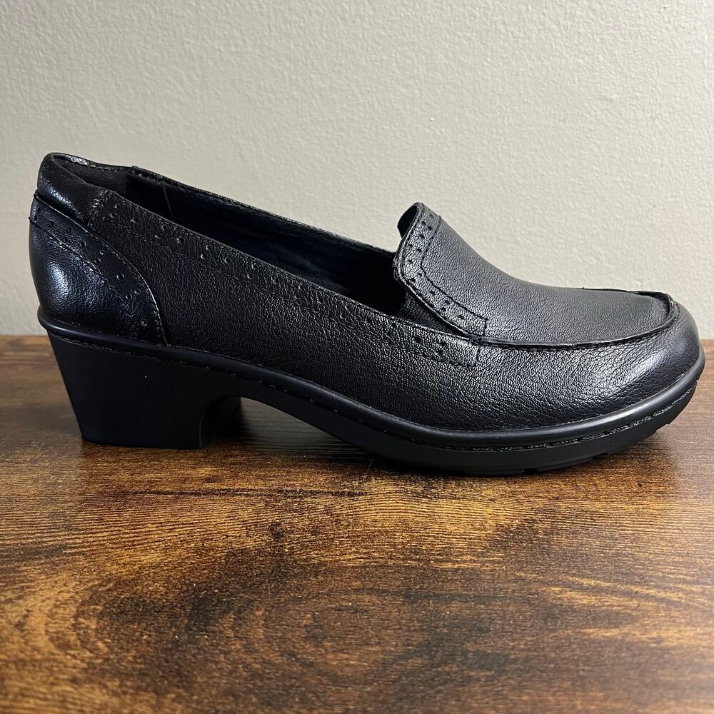 Easy Spirit Leoda Loafer 9.5 Womens Black Leather Block Heel Slip On Pump New